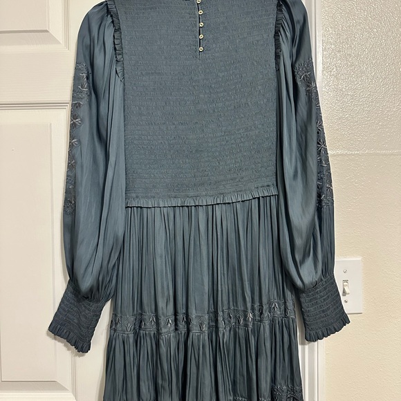 Ulla Johnson Angelica Shirred Smocked Embroidered Satin Mini Dress - Picture 7 of 9